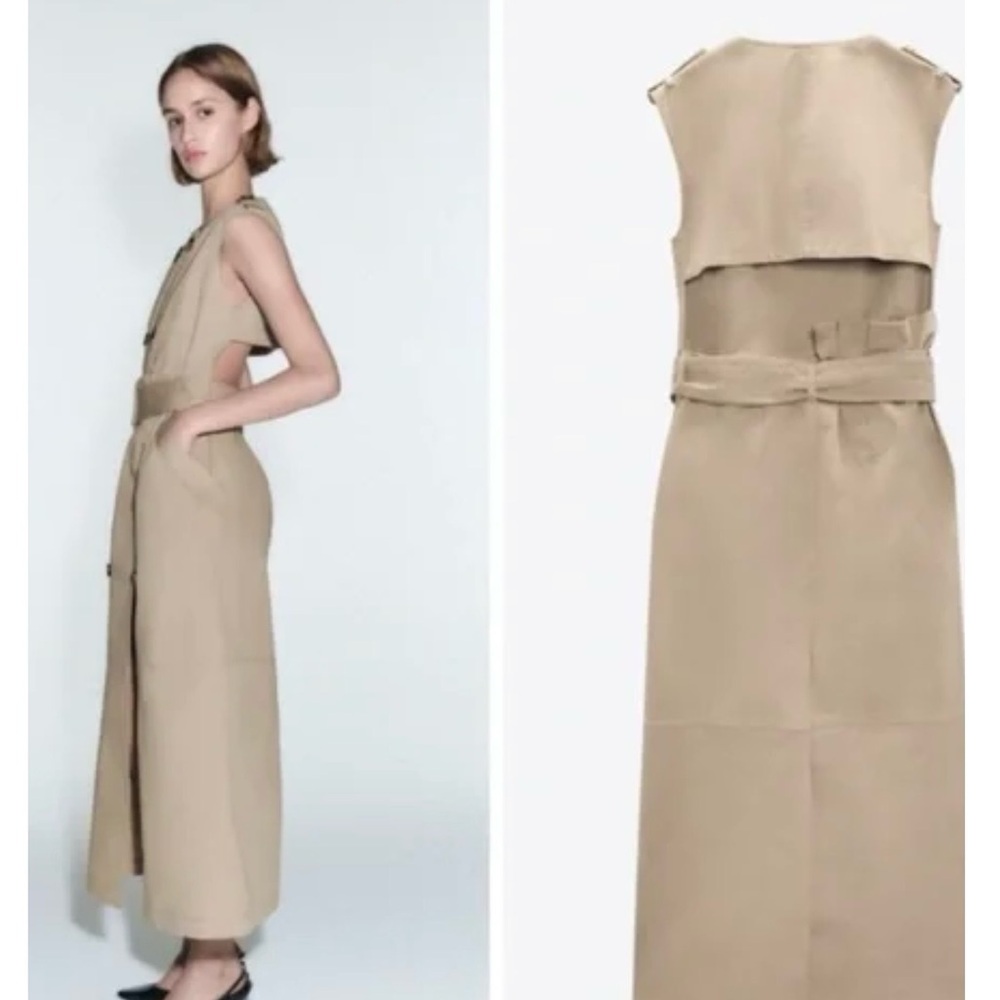 ZARA Tan Sleeveless Double-Breasted Midi Dress with Belt with open slit on back